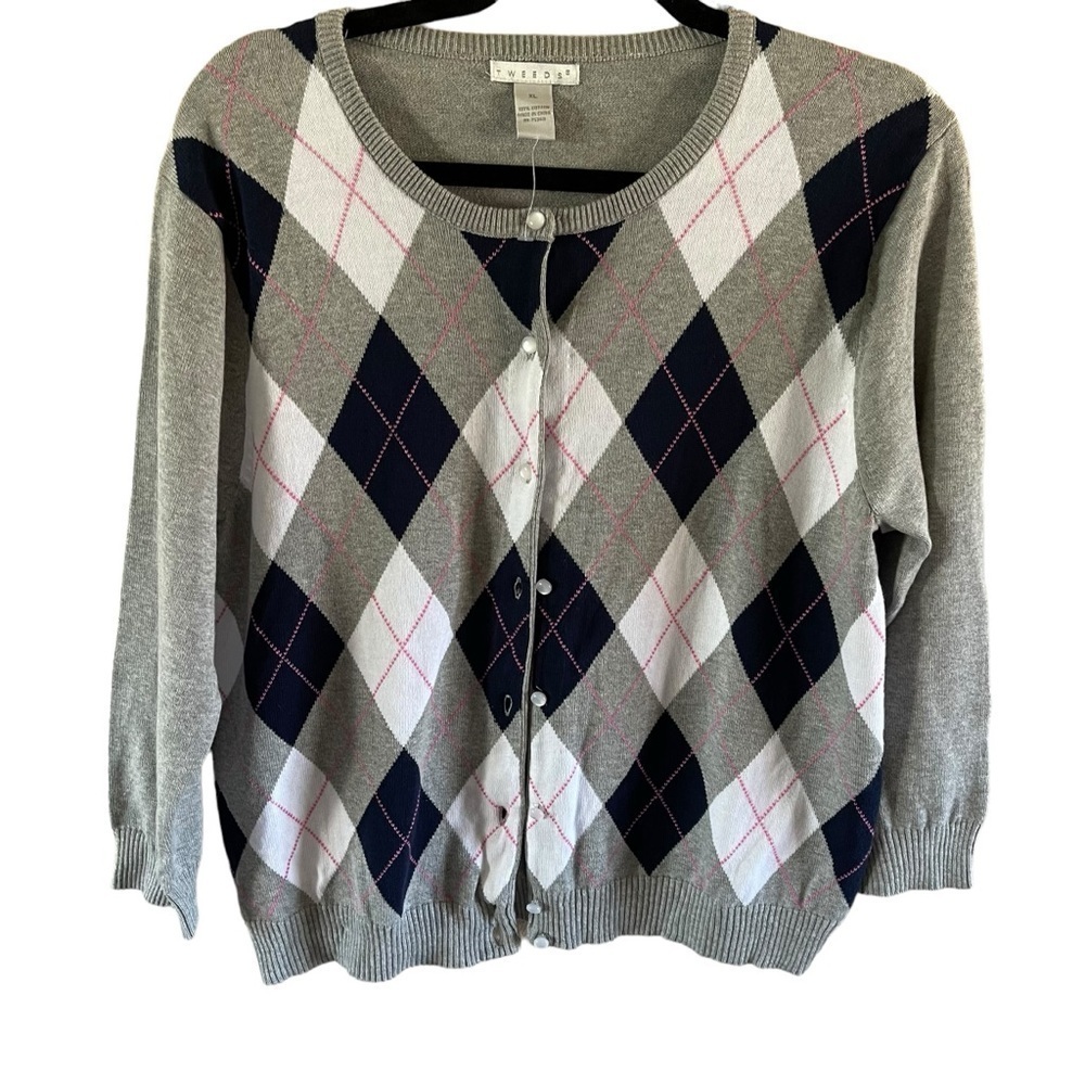 TWEEDS 100% cotton argyle preppy Cardigan sweater XL NWOT